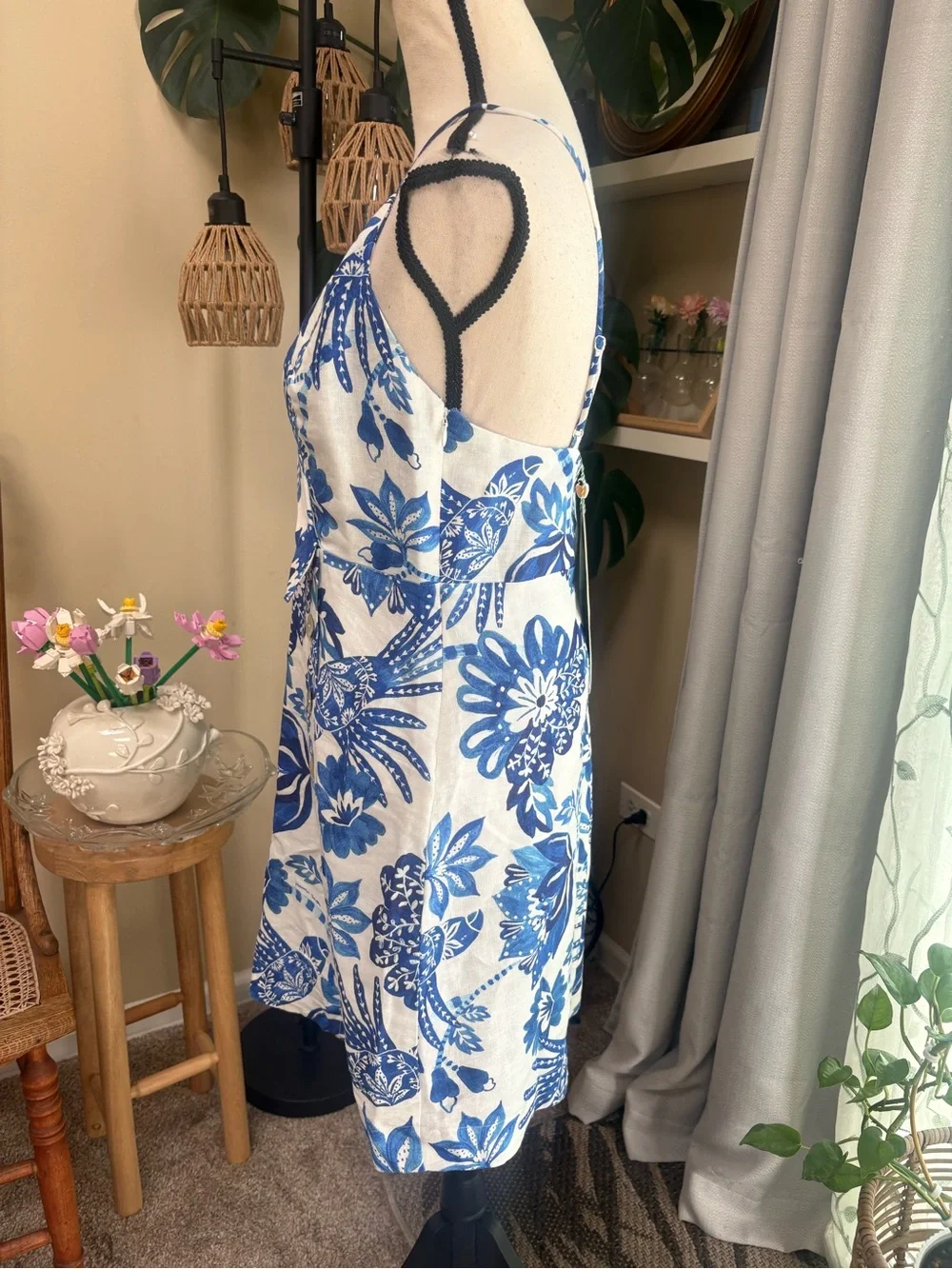 FARM Rio Blue and White Floral European Flax Linen Dress - Picture 6 of 10